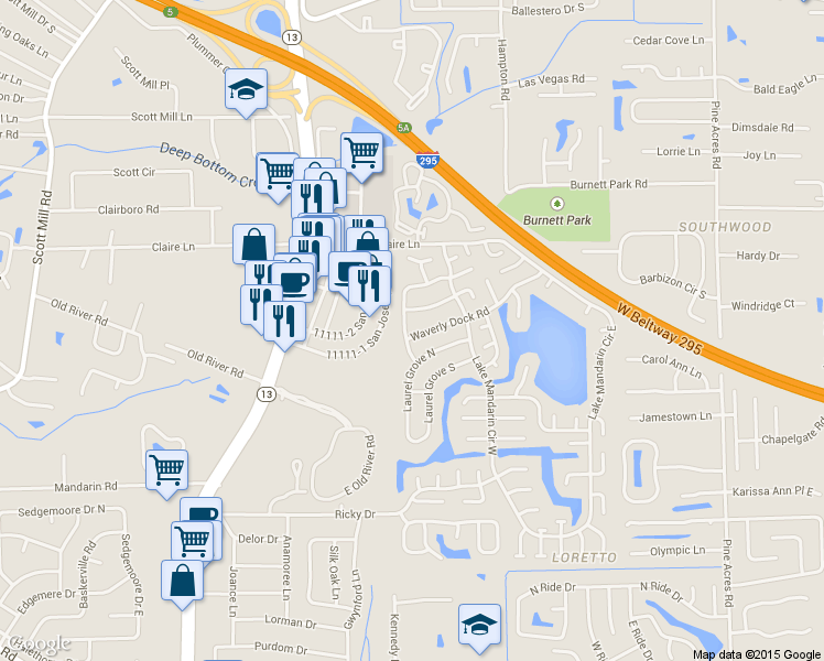 map of restaurants, bars, coffee shops, grocery stores, and more near 3331 Waverly Dock Road in Jacksonville