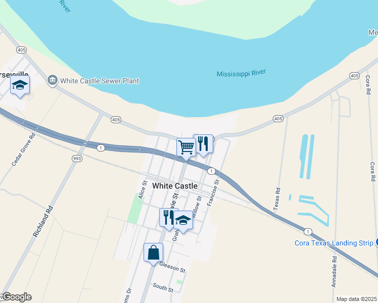 map of restaurants, bars, coffee shops, grocery stores, and more near 32320 Bowie Street in White Castle