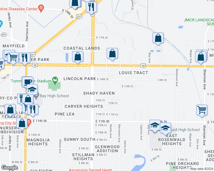 map of restaurants, bars, coffee shops, grocery stores, and more near 1338 Palo Alto Avenue in Panama City