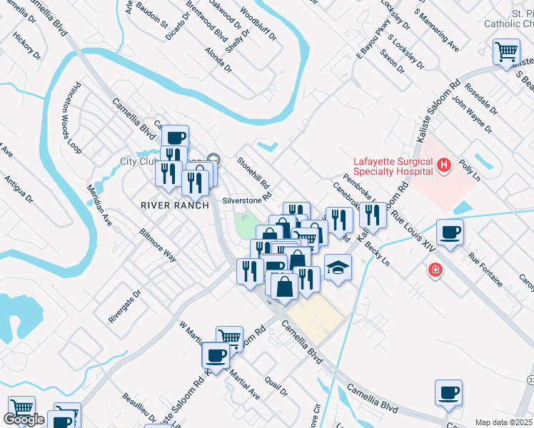 map of restaurants, bars, coffee shops, grocery stores, and more near 121 Woodsboro Drive in Lafayette