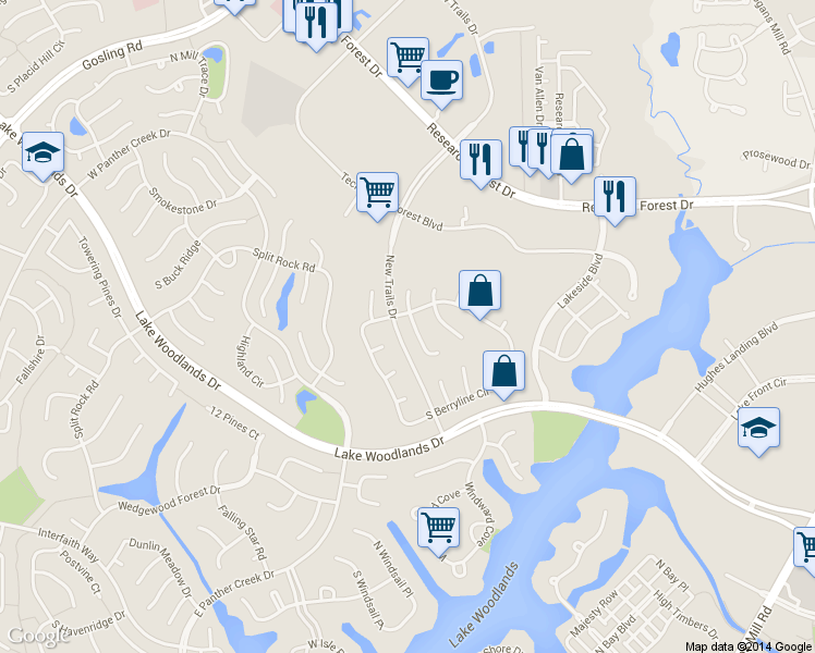 map of restaurants, bars, coffee shops, grocery stores, and more near 39 Acorn Cluster Ct in Spring