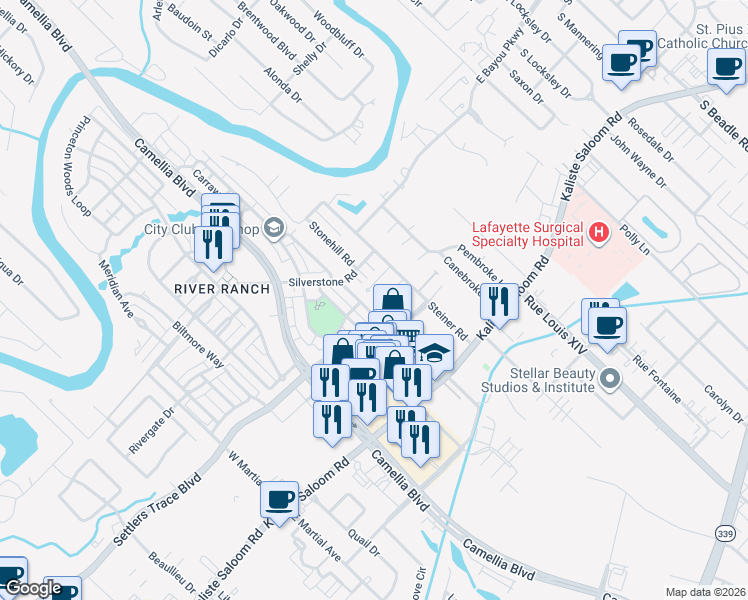 map of restaurants, bars, coffee shops, grocery stores, and more near 111 Cherbourg Circle in Lafayette