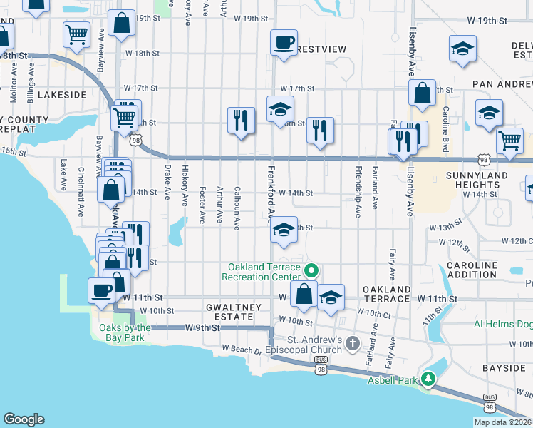 map of restaurants, bars, coffee shops, grocery stores, and more near 1301 Frankford Avenue in Panama City