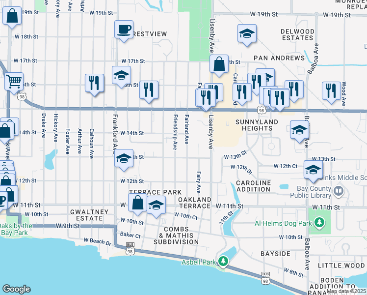 map of restaurants, bars, coffee shops, grocery stores, and more near 1315 Fairland Avenue in Panama City