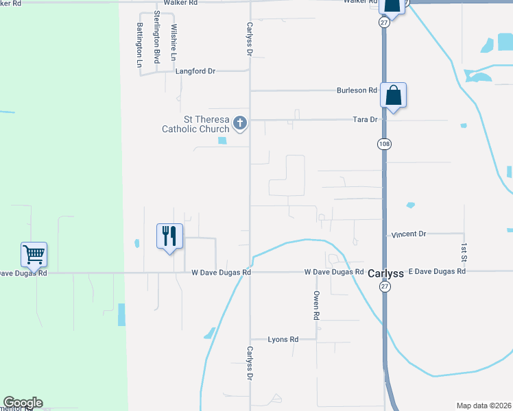map of restaurants, bars, coffee shops, grocery stores, and more near 301-499 Ellison Rd in Sulphur