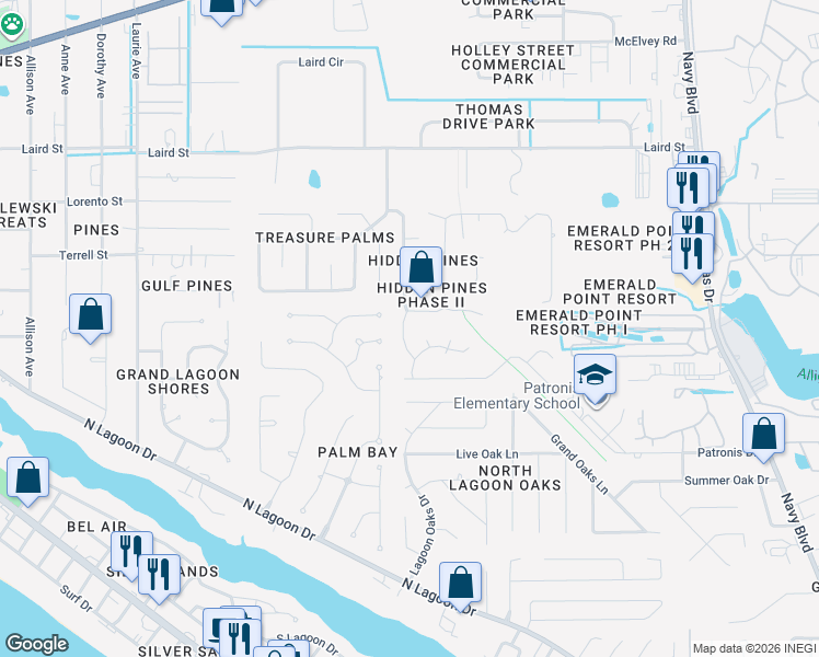map of restaurants, bars, coffee shops, grocery stores, and more near 233 Hidden Pines Drive in Panama City Beach