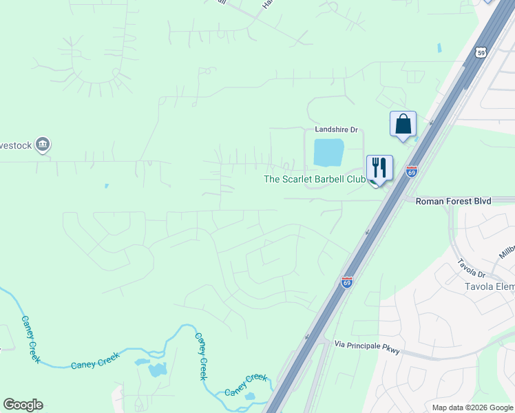 map of restaurants, bars, coffee shops, grocery stores, and more near 23214 Parkshire Court in New Caney