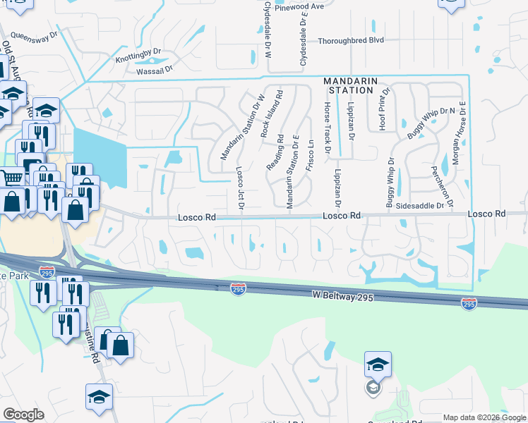 map of restaurants, bars, coffee shops, grocery stores, and more near 4748 Southern Pacific Drive in Jacksonville