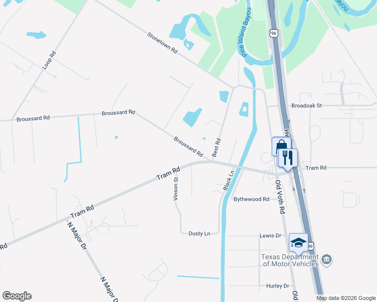 map of restaurants, bars, coffee shops, grocery stores, and more near 7515 Broussard Road in Beaumont