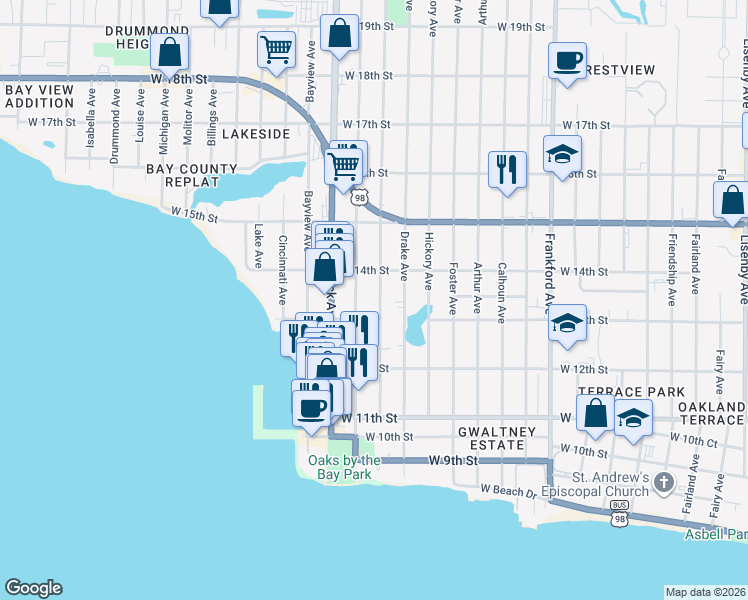 map of restaurants, bars, coffee shops, grocery stores, and more near 1307 Wilmont Avenue in Panama City