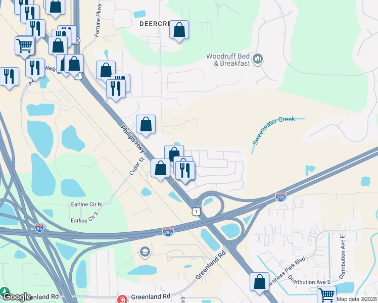 map of restaurants, bars, coffee shops, grocery stores, and more near 10902 Moorewood Drive in Jacksonville