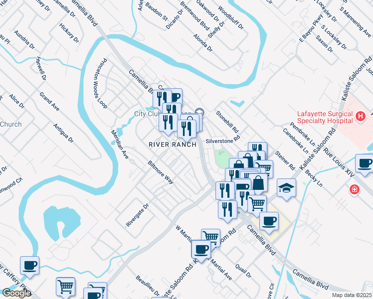 map of restaurants, bars, coffee shops, grocery stores, and more near 625 Silverstone Road in Lafayette