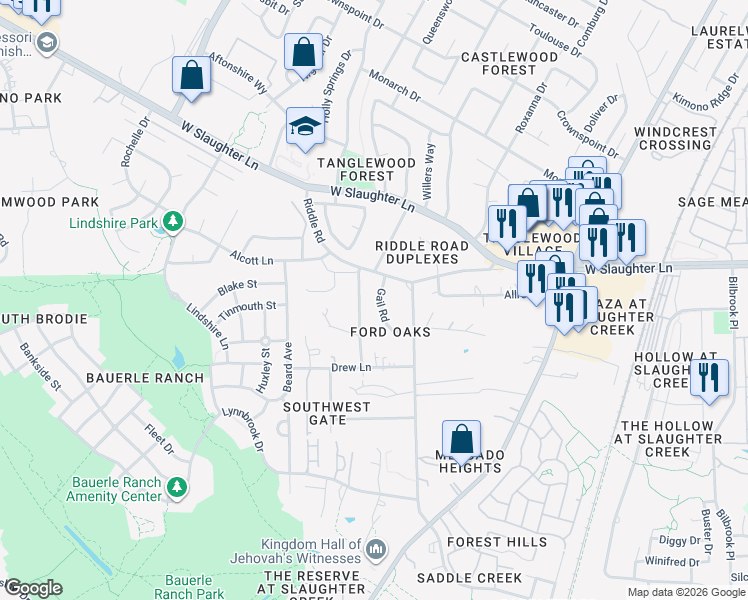 map of restaurants, bars, coffee shops, grocery stores, and more near 10301 Wommack Road in Austin