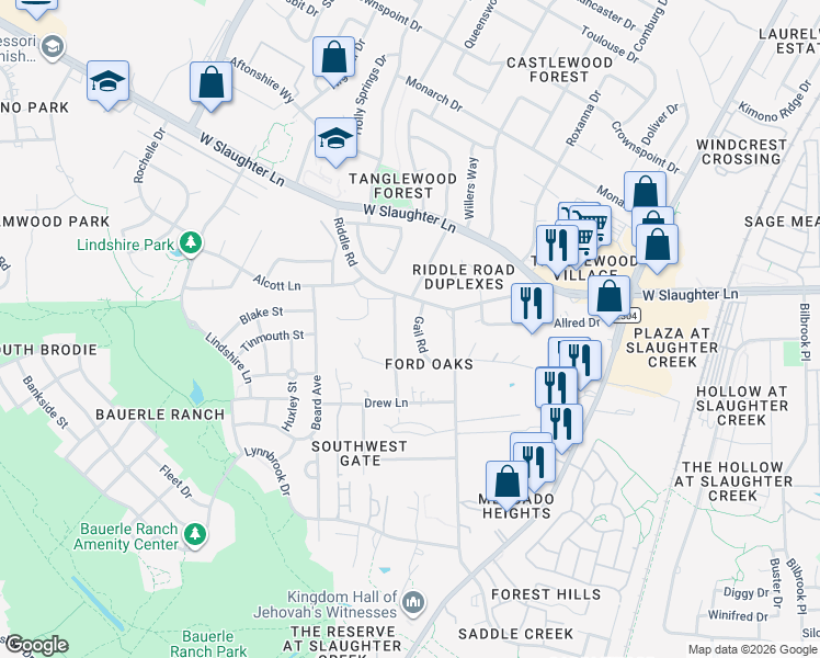 map of restaurants, bars, coffee shops, grocery stores, and more near 10301 Wommack Road in Austin