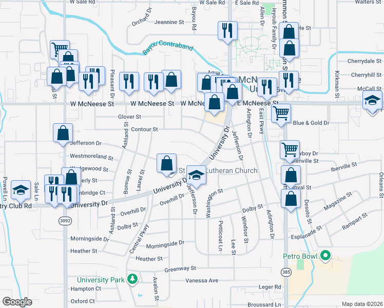 map of restaurants, bars, coffee shops, grocery stores, and more near 224 Spring Street in Lake Charles