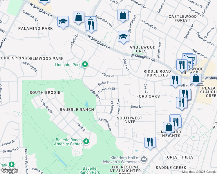 map of restaurants, bars, coffee shops, grocery stores, and more near 2704 Tinmouth Street in Austin
