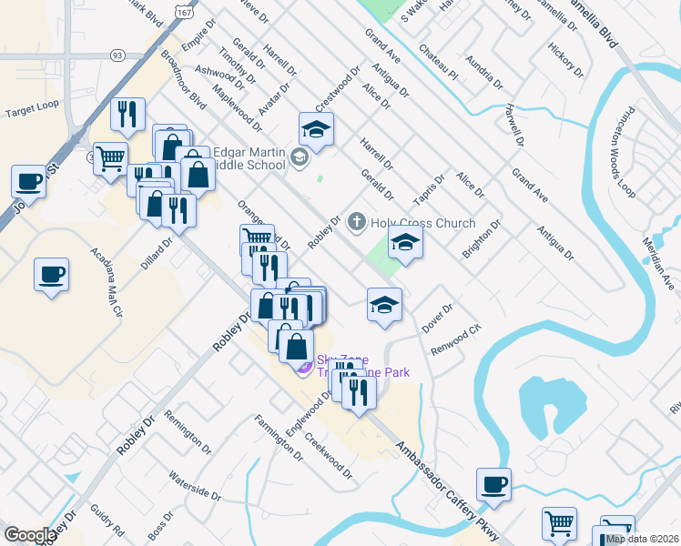 map of restaurants, bars, coffee shops, grocery stores, and more near 414 Elmwood Drive in Lafayette