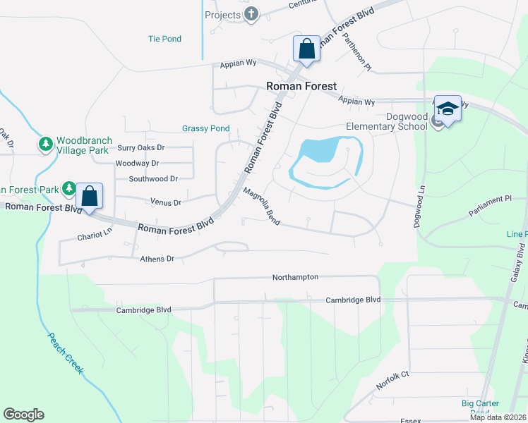 map of restaurants, bars, coffee shops, grocery stores, and more near 2319 Flamingo Street in New Caney
