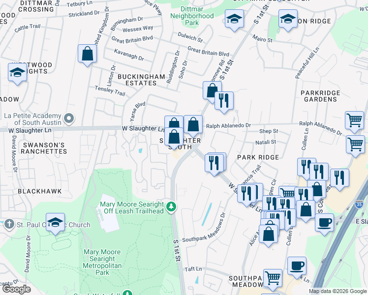 map of restaurants, bars, coffee shops, grocery stores, and more near 601 West Slaughter Lane in Austin