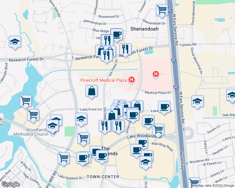map of restaurants, bars, coffee shops, grocery stores, and more near 9186 Six Pines Drive in Spring
