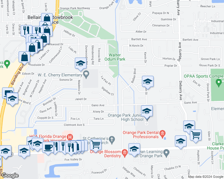 map of restaurants, bars, coffee shops, grocery stores, and more near 440 Sigsbee Road in Orange Park