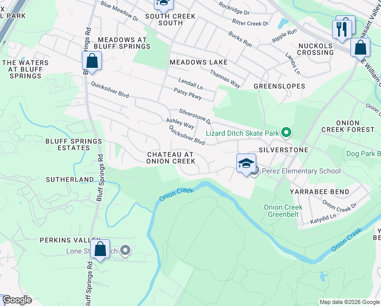 map of restaurants, bars, coffee shops, grocery stores, and more near 4529 Chateau Village Way in Austin