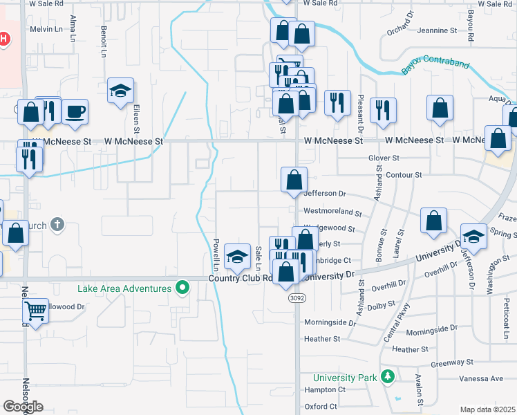 map of restaurants, bars, coffee shops, grocery stores, and more near Sale Lane in Lake Charles