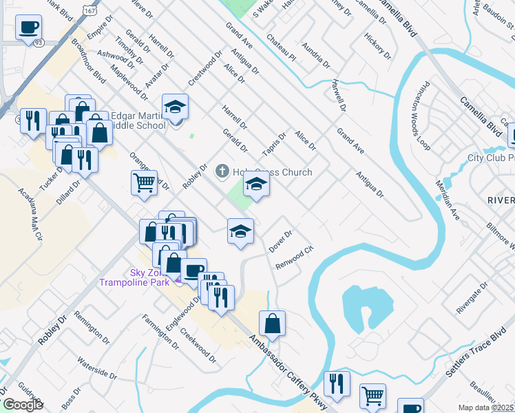map of restaurants, bars, coffee shops, grocery stores, and more near 609 Broadmoor Boulevard in Lafayette