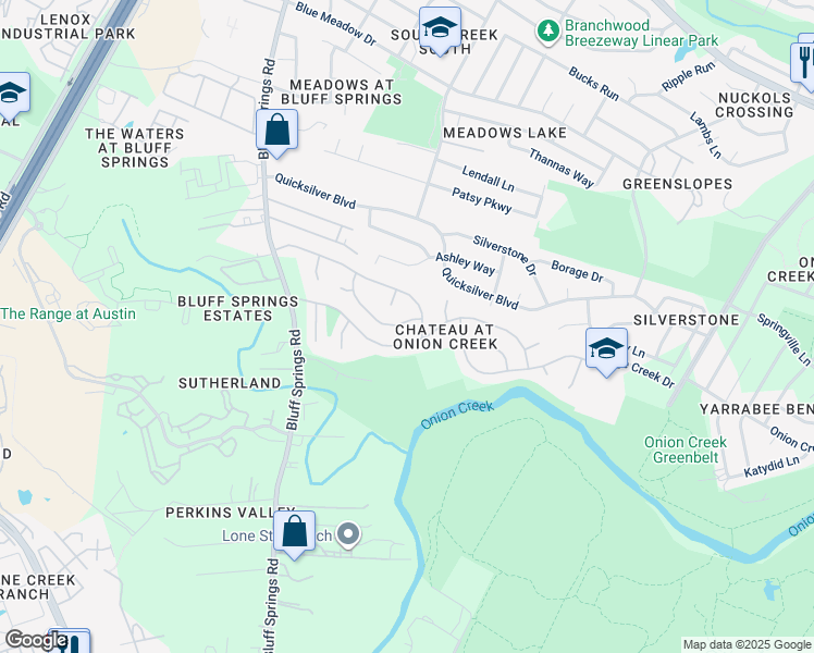 map of restaurants, bars, coffee shops, grocery stores, and more near 2521 Muirlands Drive in Austin