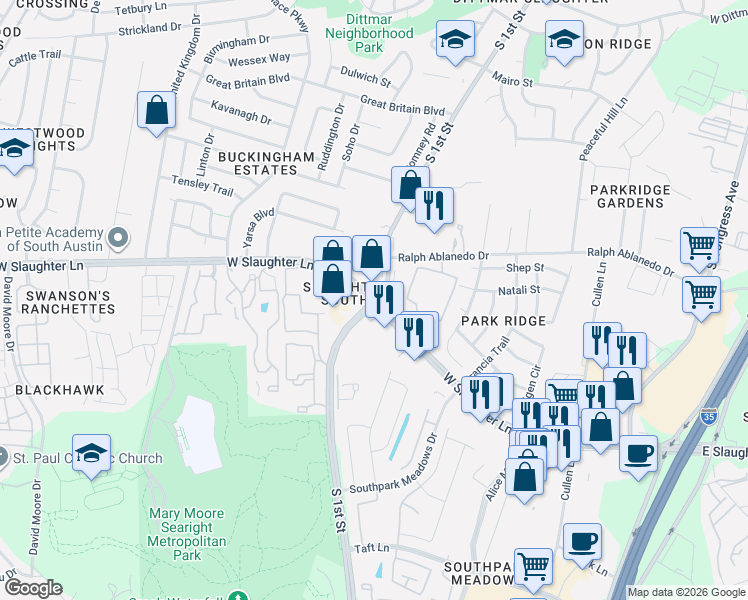 map of restaurants, bars, coffee shops, grocery stores, and more near W Slaughter Ln & S 1st St in Austin