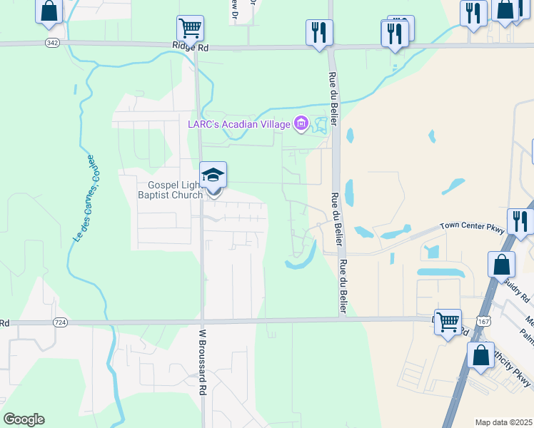 map of restaurants, bars, coffee shops, grocery stores, and more near 207 Southfield Parkway in Lafayette