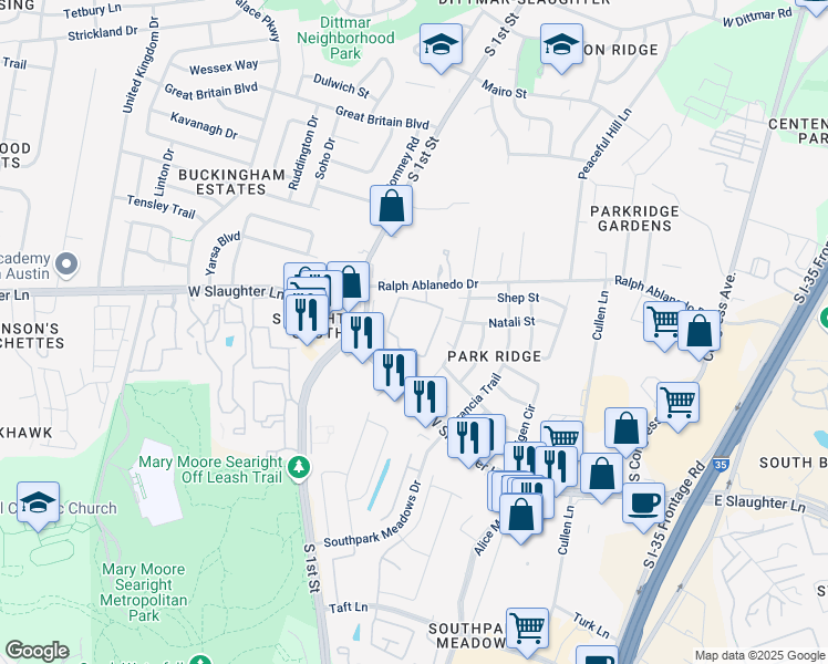 map of restaurants, bars, coffee shops, grocery stores, and more near 420 West Slaughter Lane in Austin