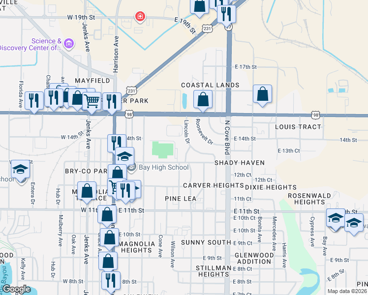 map of restaurants, bars, coffee shops, grocery stores, and more near 421 E 13th St in Panama City
