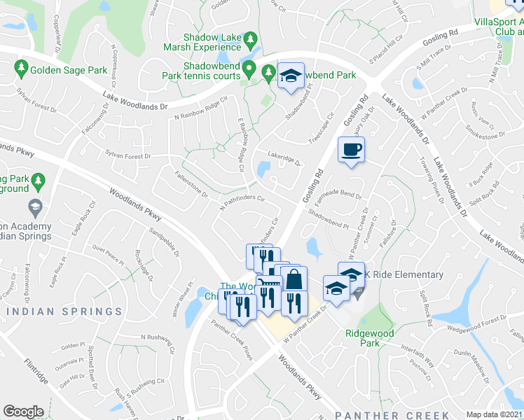map of restaurants, bars, coffee shops, grocery stores, and more near 18 Cricket Hollow Place in Spring