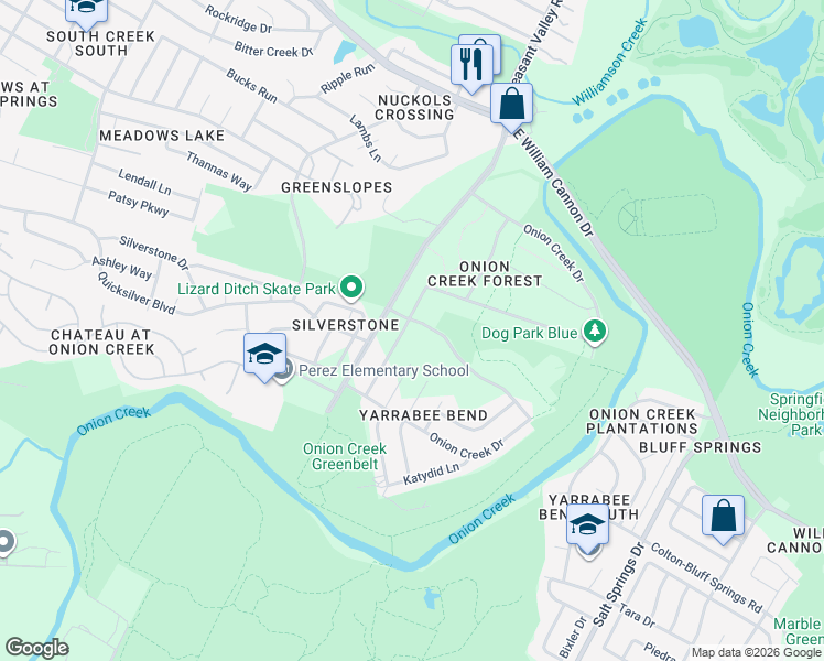 map of restaurants, bars, coffee shops, grocery stores, and more near 7203 Onion Crossing Dr in Austin