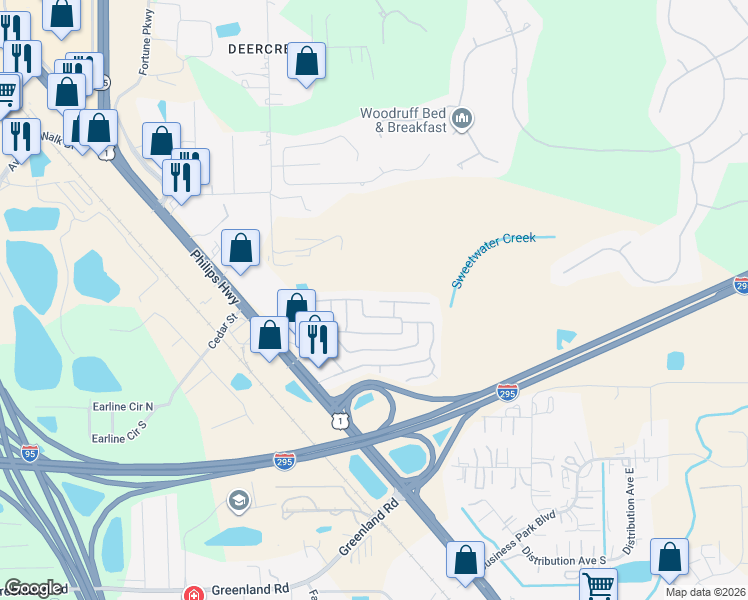 map of restaurants, bars, coffee shops, grocery stores, and more near 7625 Erinwood Court West in Jacksonville