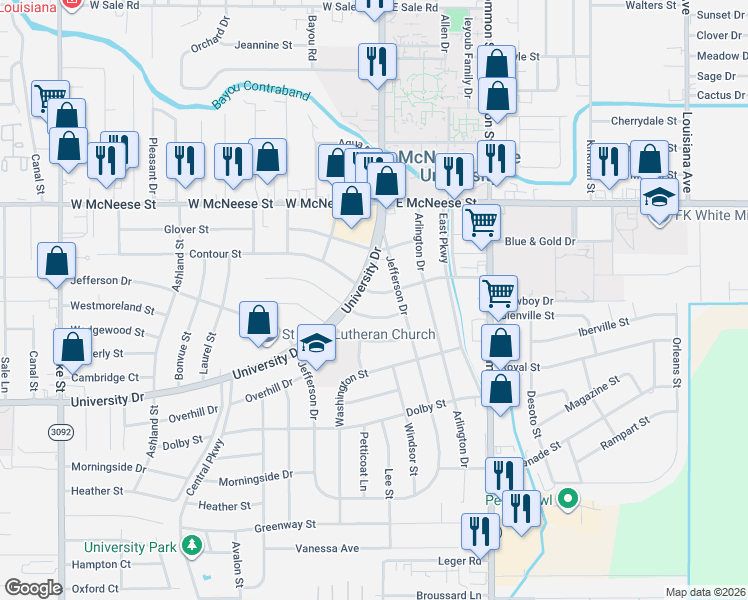 map of restaurants, bars, coffee shops, grocery stores, and more near 418 Contour Dr in Lake Charles