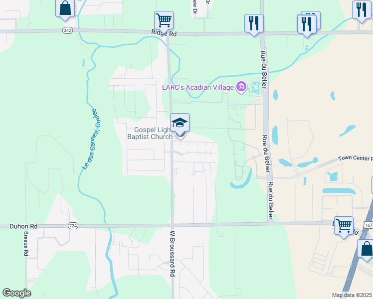map of restaurants, bars, coffee shops, grocery stores, and more near 107 Southfield Parkway in Lafayette