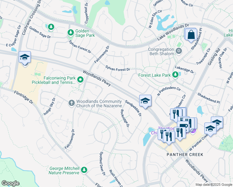 map of restaurants, bars, coffee shops, grocery stores, and more near 74 Sandpebble Drive in Spring