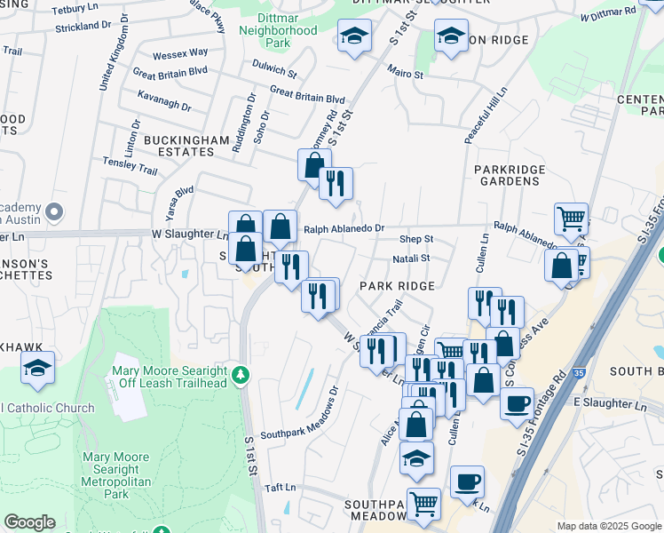 map of restaurants, bars, coffee shops, grocery stores, and more near 420 West Slaughter Lane in Austin