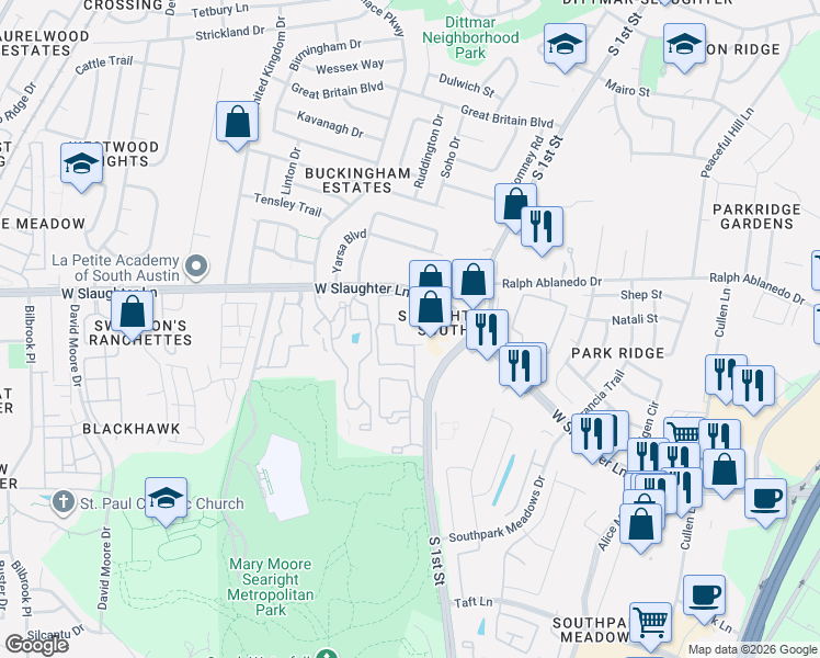 map of restaurants, bars, coffee shops, grocery stores, and more near 615 West Slaughter Lane in Austin