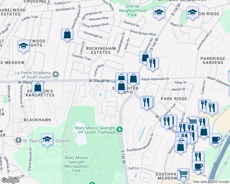 map of restaurants, bars, coffee shops, grocery stores, and more near 615 West Slaughter Lane in Austin