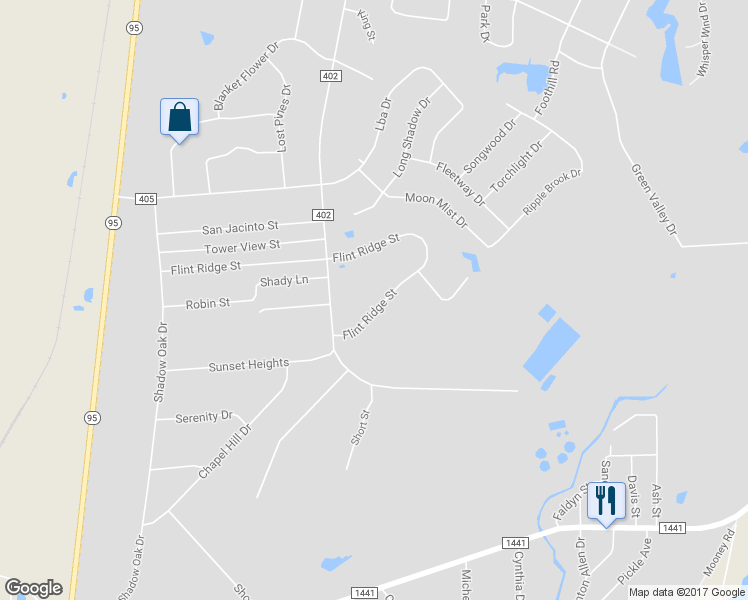 map of restaurants, bars, coffee shops, grocery stores, and more near 285 Flint Ridge Street in Bastrop