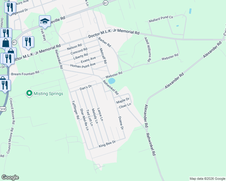 map of restaurants, bars, coffee shops, grocery stores, and more near 18 Duane Drive in Crawfordville
