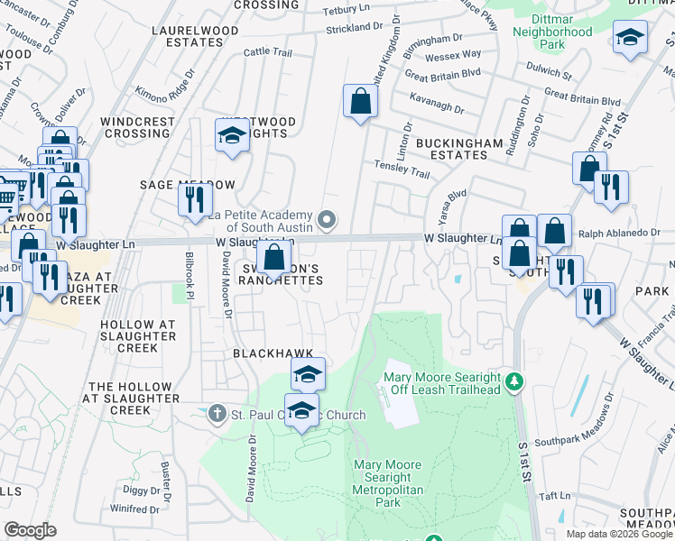 map of restaurants, bars, coffee shops, grocery stores, and more near 1009 West Slaughter Lane in Austin