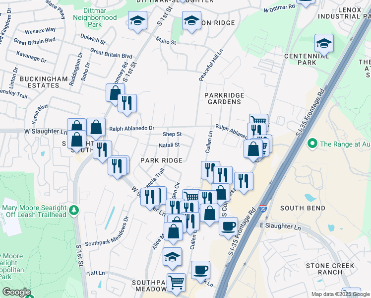 map of restaurants, bars, coffee shops, grocery stores, and more near 8925 Taline Circle in Austin