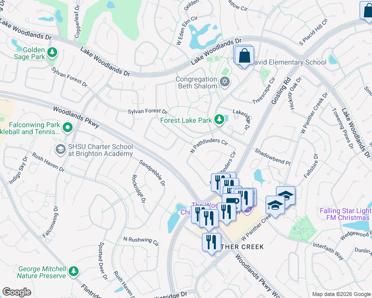 map of restaurants, bars, coffee shops, grocery stores, and more near 11 Thrush Grove Place in Spring