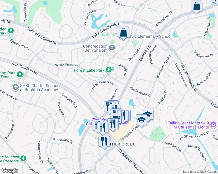 map of restaurants, bars, coffee shops, grocery stores, and more near 18 Cricket Hollow Place in Spring