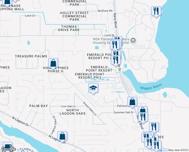 map of restaurants, bars, coffee shops, grocery stores, and more near 1219 Thomas Drive in Panama City Beach