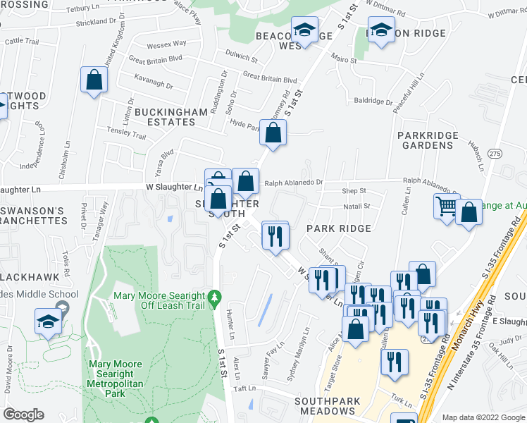 map of restaurants, bars, coffee shops, grocery stores, and more near 510 West Slaughter Lane in Austin